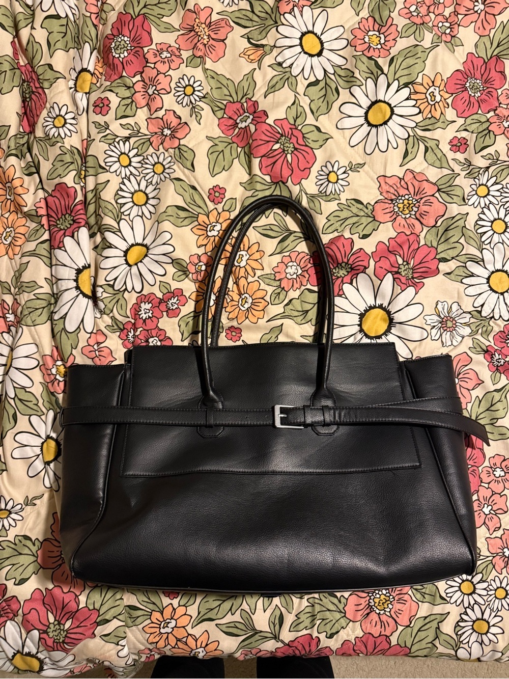 Zara Black Leather Tote with Belt Accent